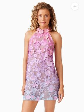 Elliatt Pink and Lavender Floral Appliqué Halter Mini Dress